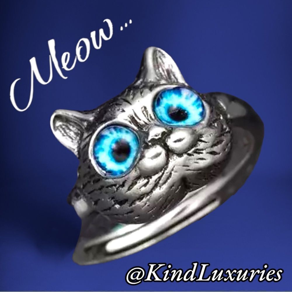 💎108💎 Vintage Style Blue Eyed Cats Meow Silver Stainless Steel Ring